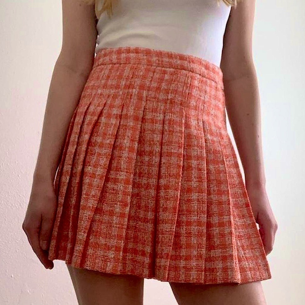 Zara Tweed Orange Cream Pleated Academia School Y2K Mini Skirt Size Small - Picture 2 of 9